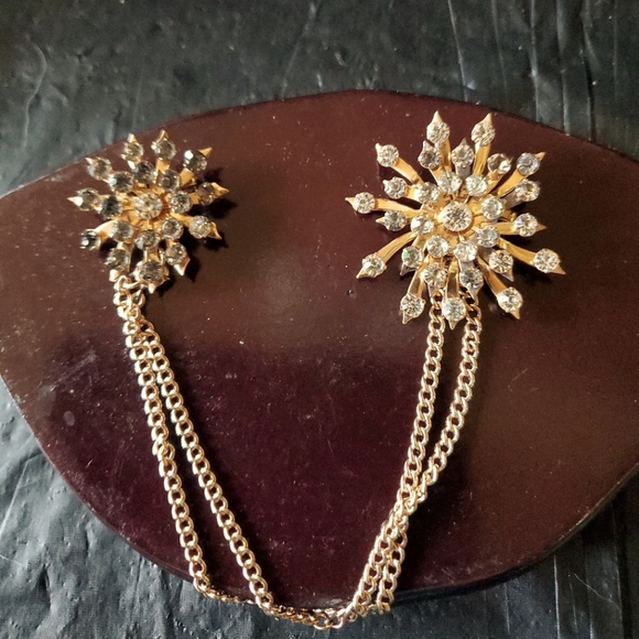 Vintage La Rue Copper Grey to Clear Rhinestones Starburst Sweater / Scarf Pins - Picture 1 of 9